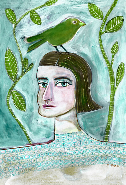 Serene Woman Green Bird