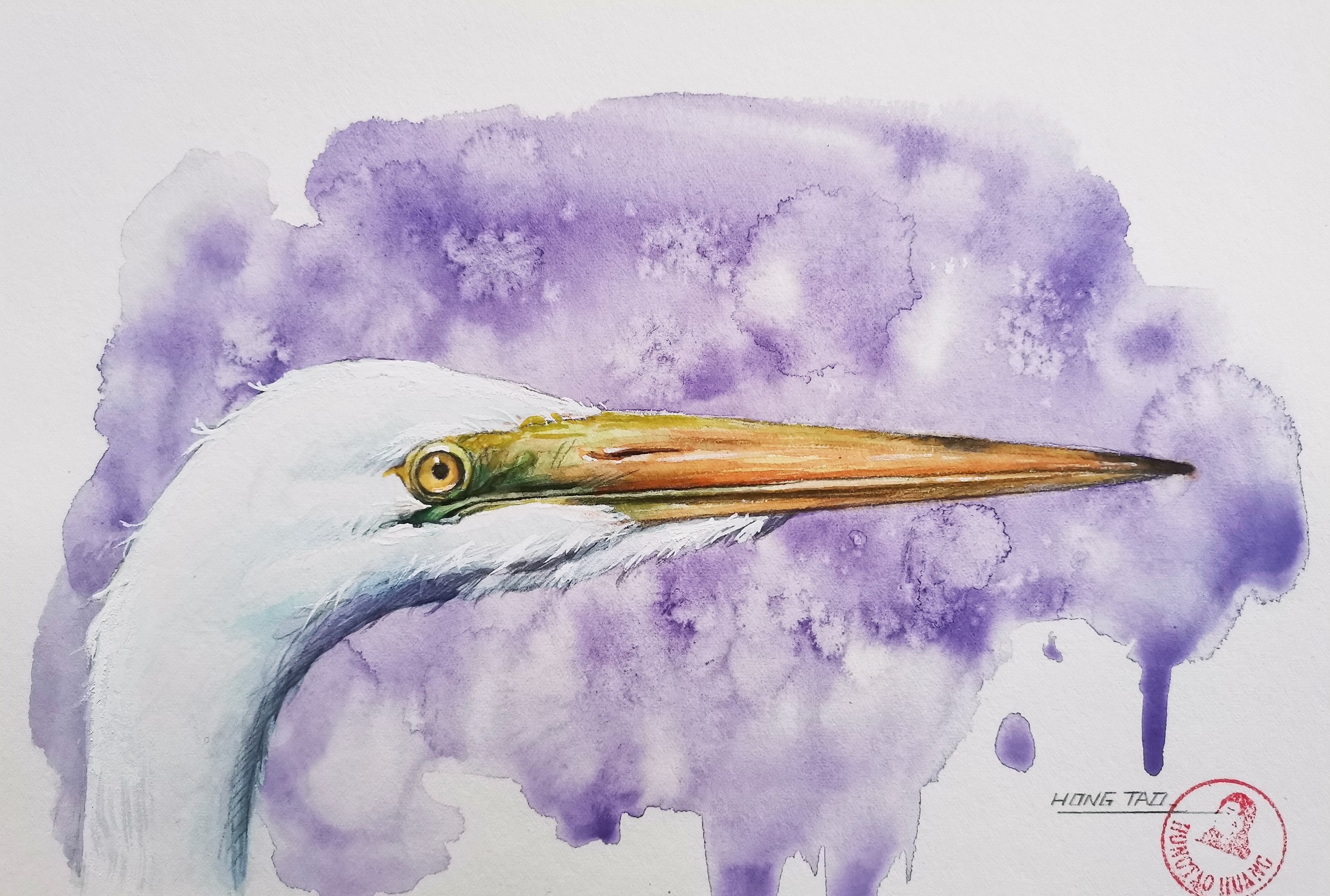 White Egret Watercolor by Hongtao Huang — canvas wall art