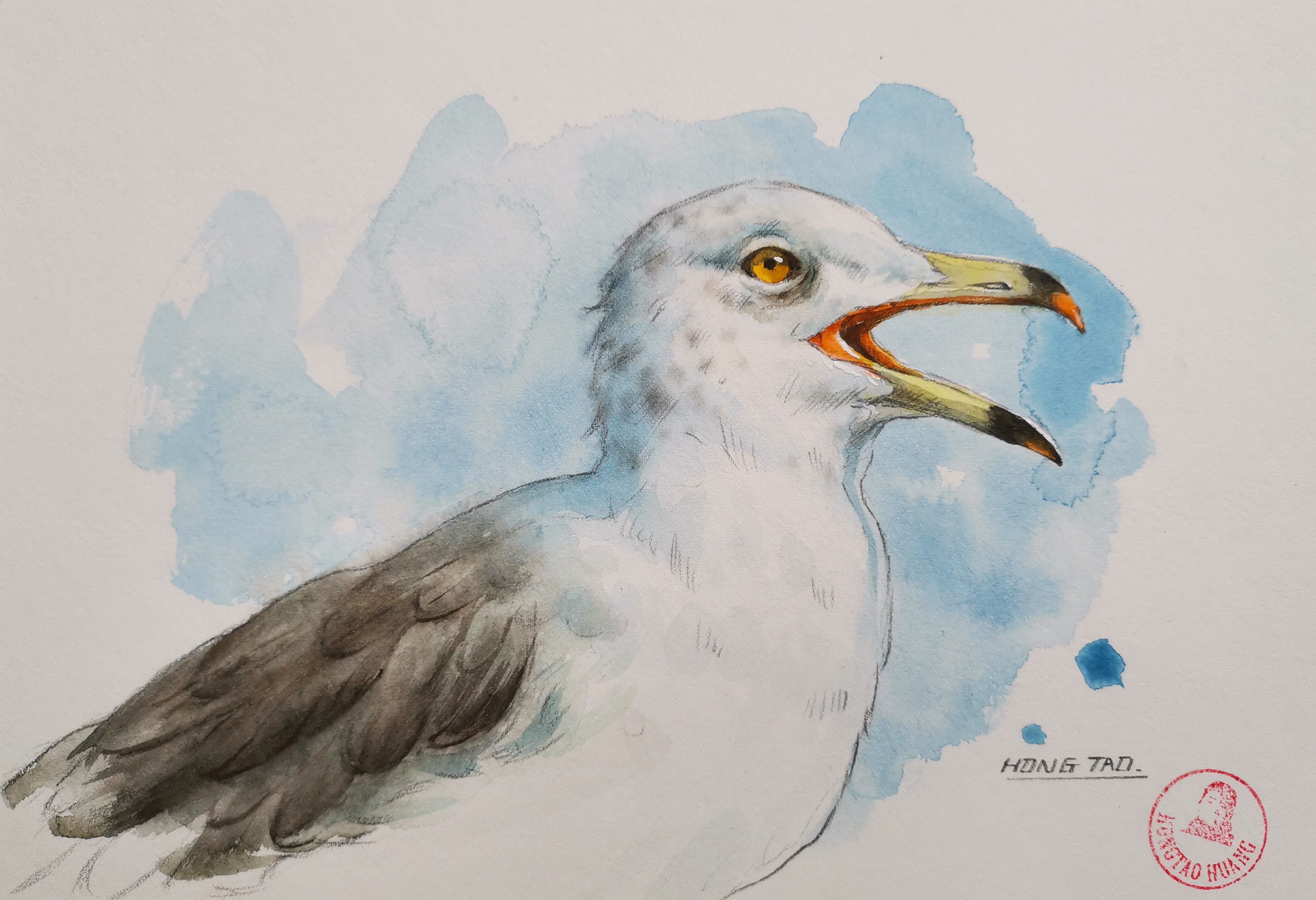 Watercolor Seagull Portrait by Hongtao Huang — canvas wall art
