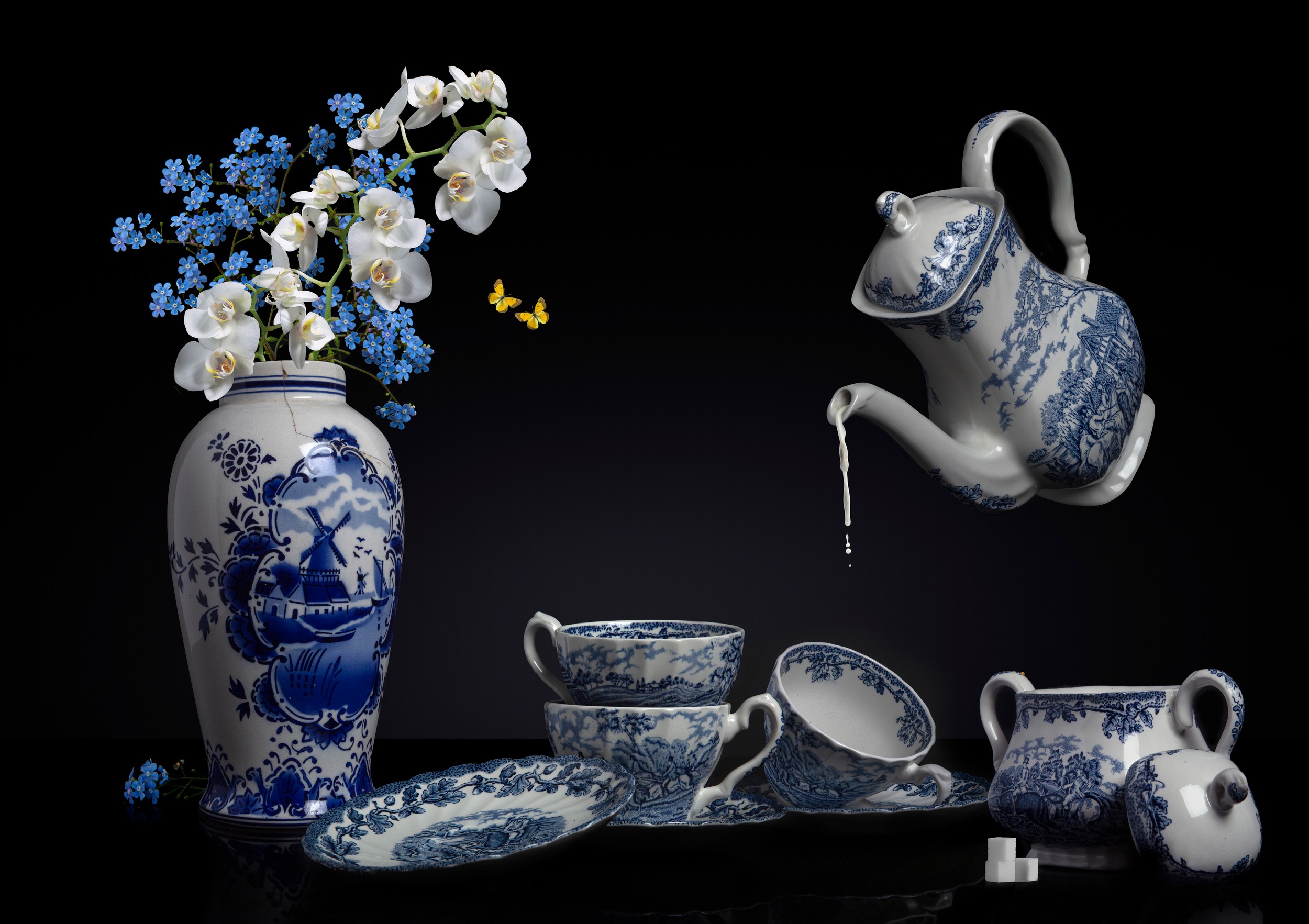 Floating Delftware Still Life by Sander van Laar — canvas wall art