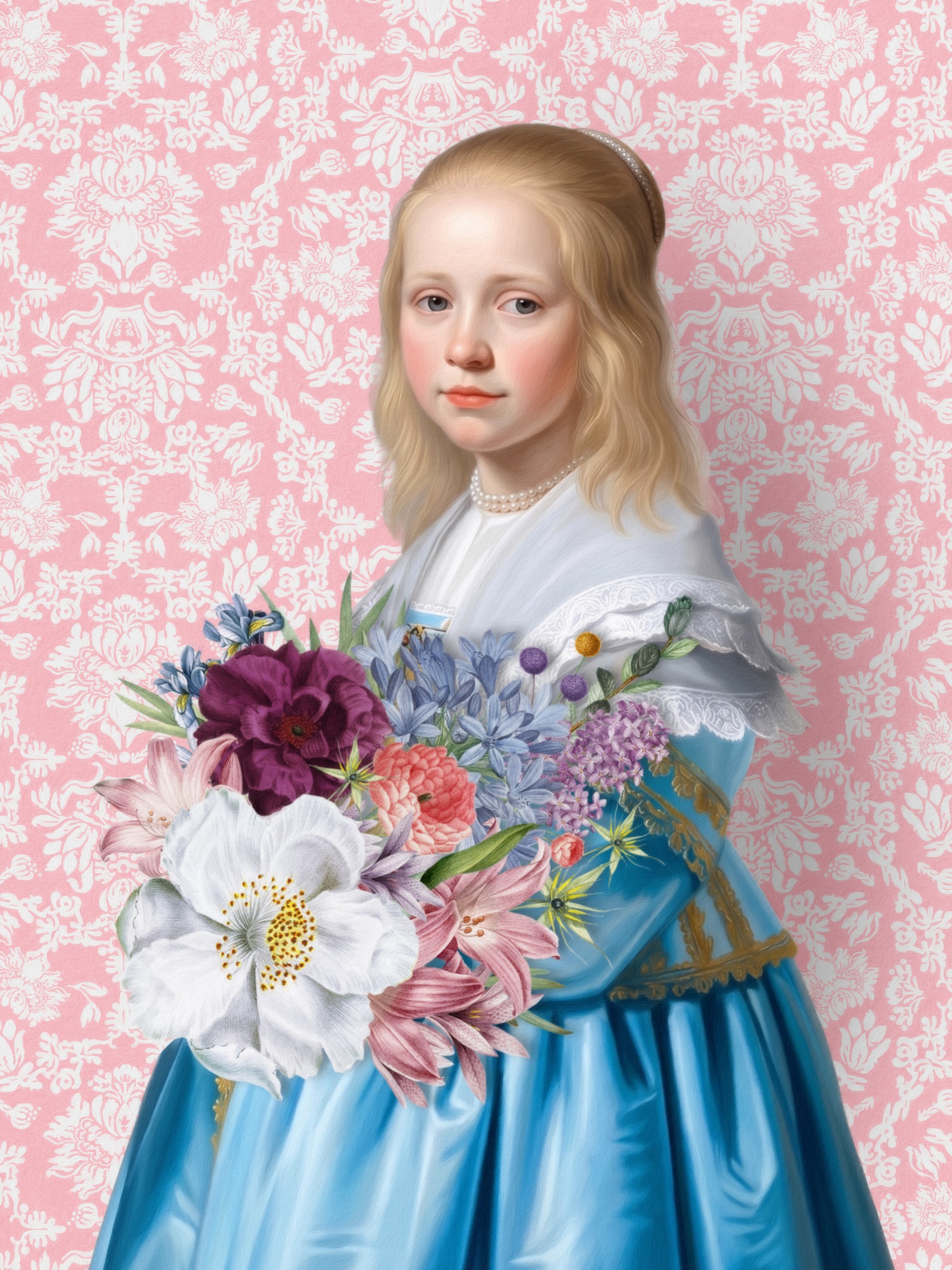Baroque Girl with Flowers by Marja van den Hurk — canvas wall art