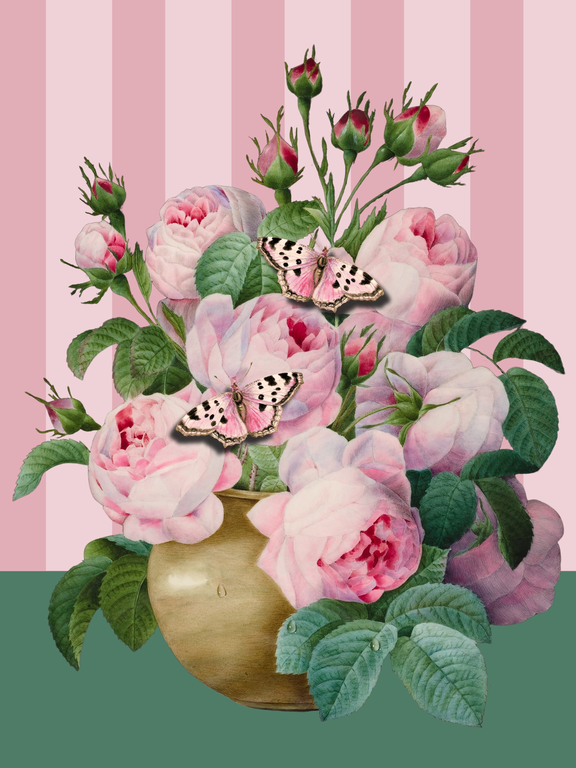Pink Roses and Butterflies by Marja van den Hurk — canvas wall art
