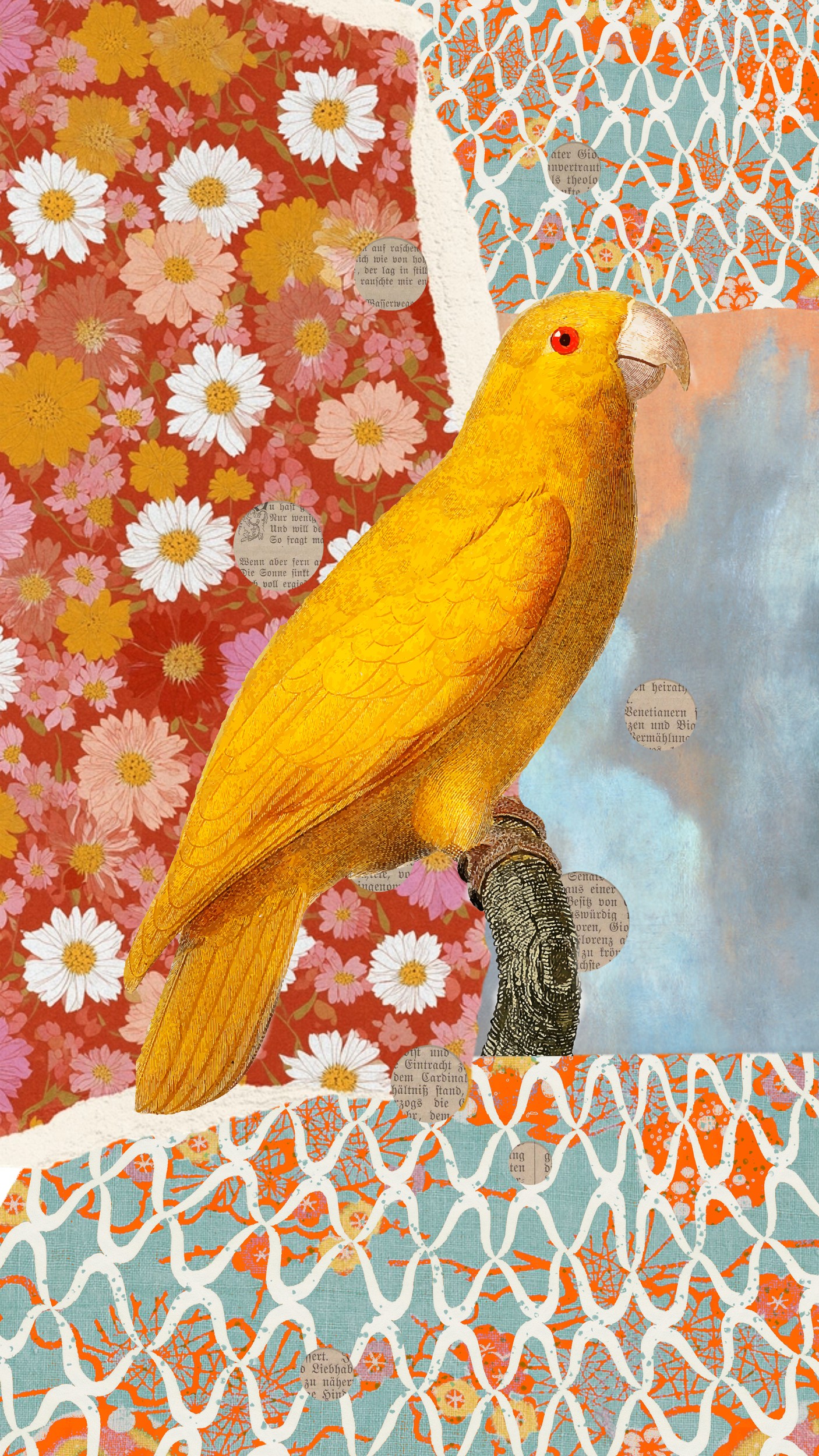 Yellow Parrot Floral Collage by Marja van den Hurk — canvas wall art