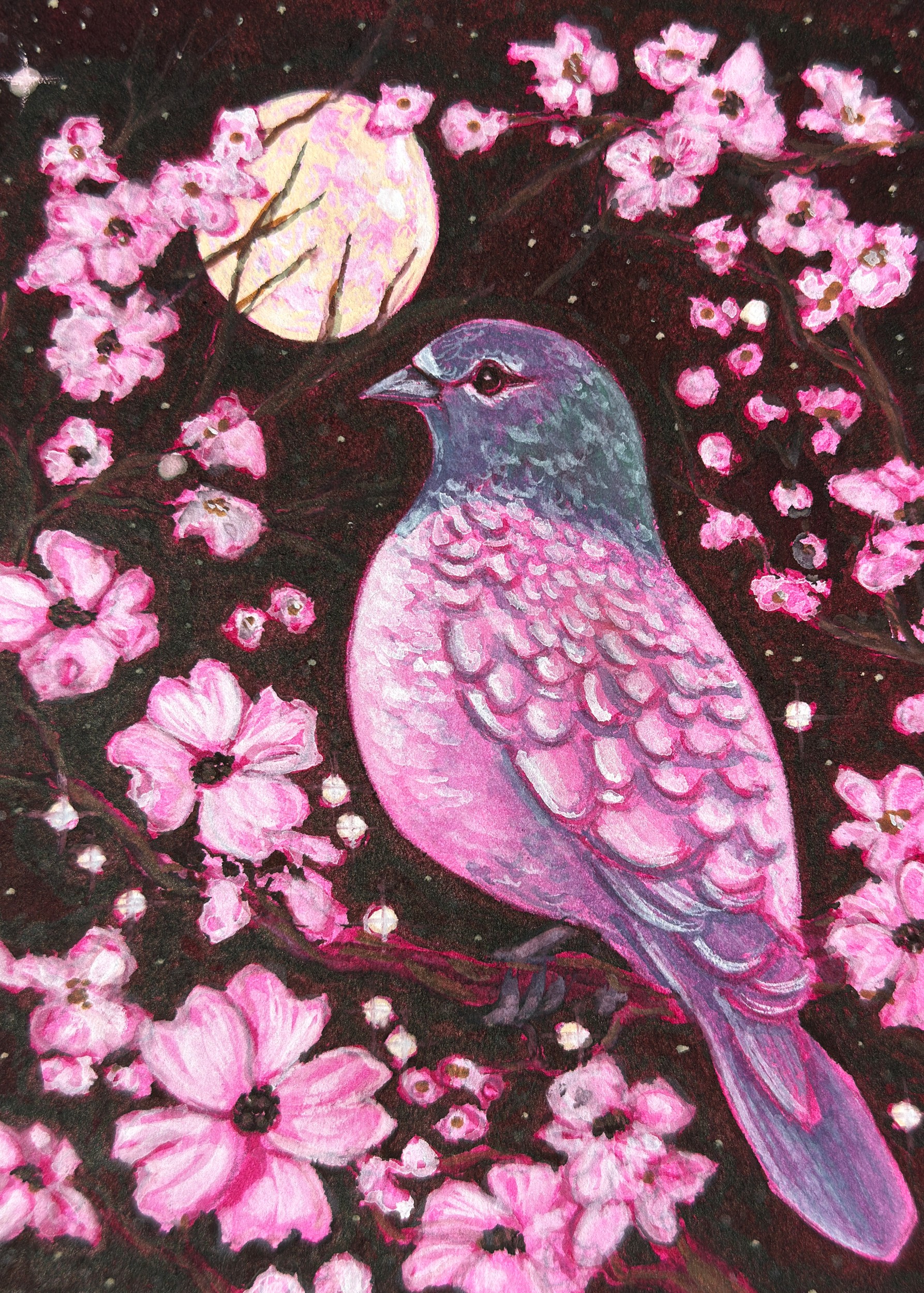 Moonlit Cherry Blossom Bird by Renee Machan Cottagecore Artist — canvas wall art