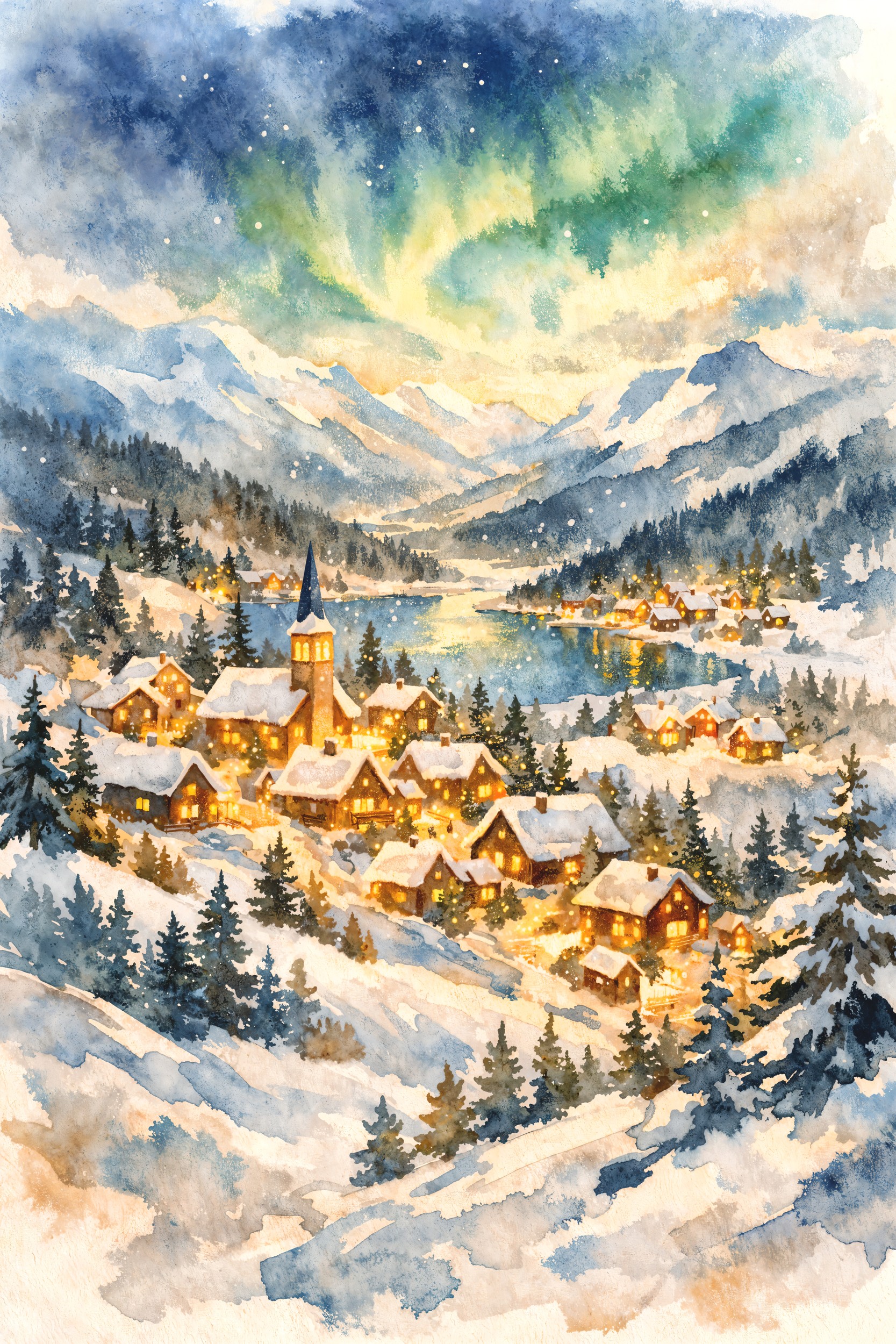 Winter Village Aurora Lights by Natalie Bruns — canvas wall art