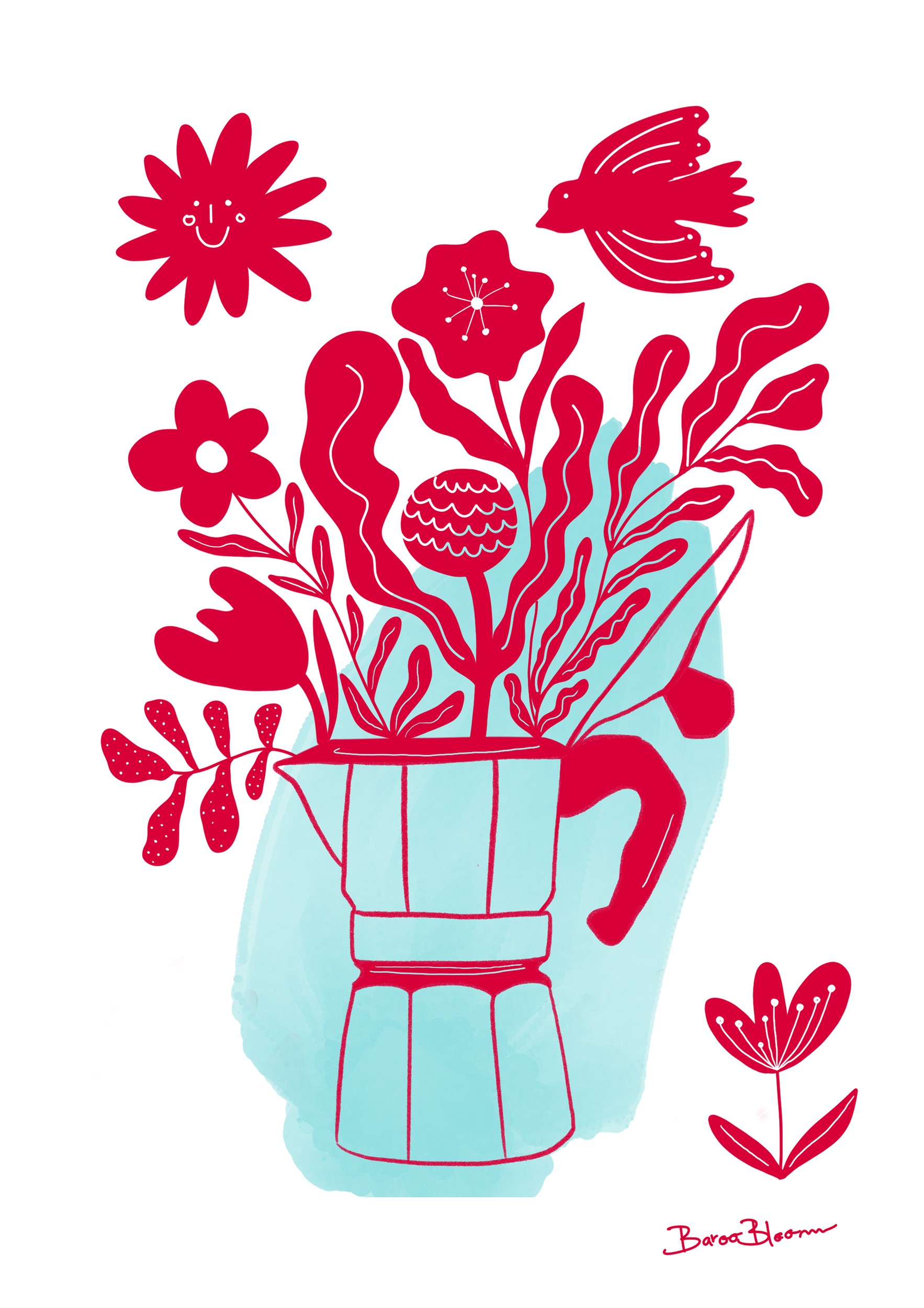 Red Floral Coffee Pot by Baroo Bloom — canvas wall art