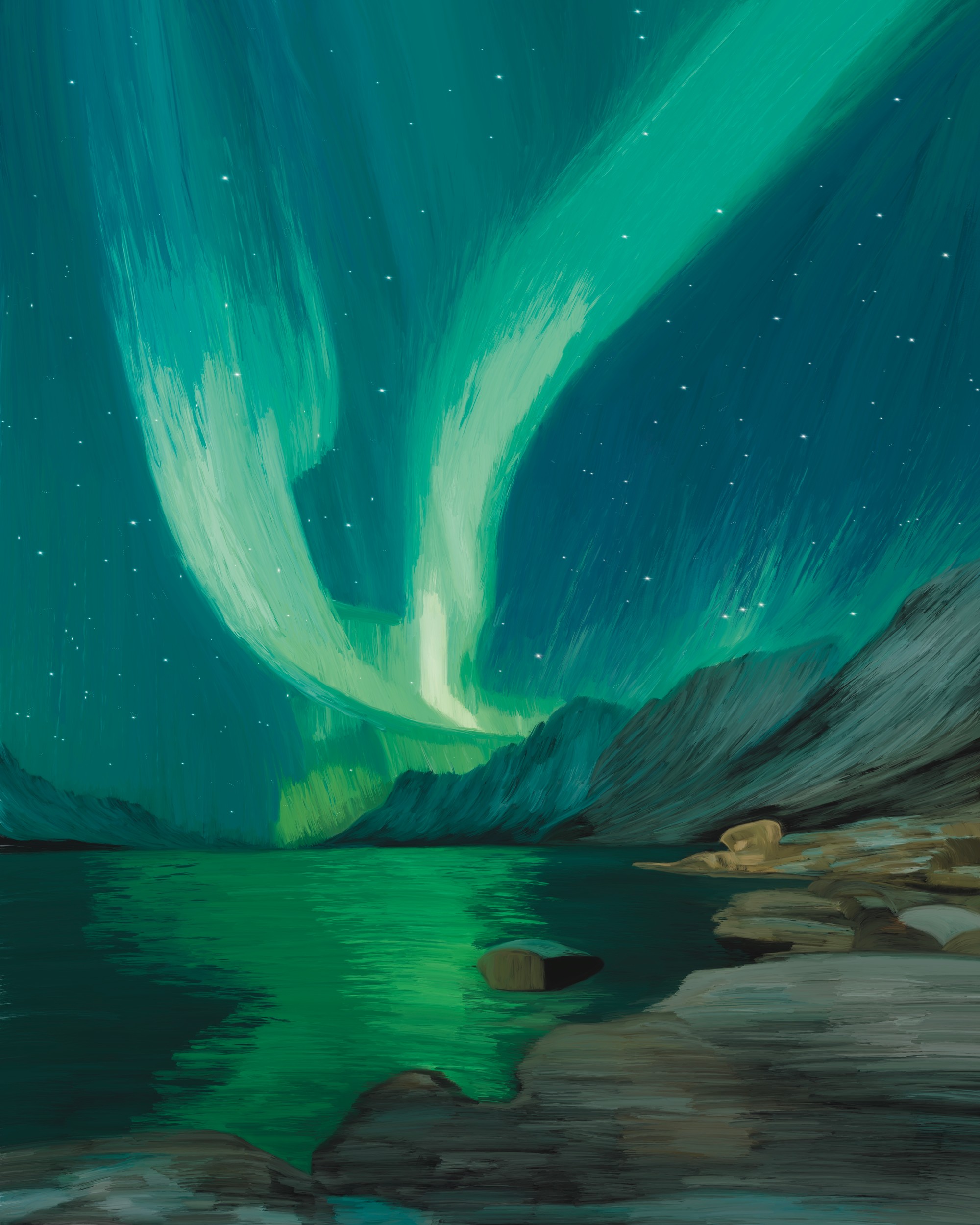 Northern Lights Over Lake by GIovanna Gil Alves — canvas wall art