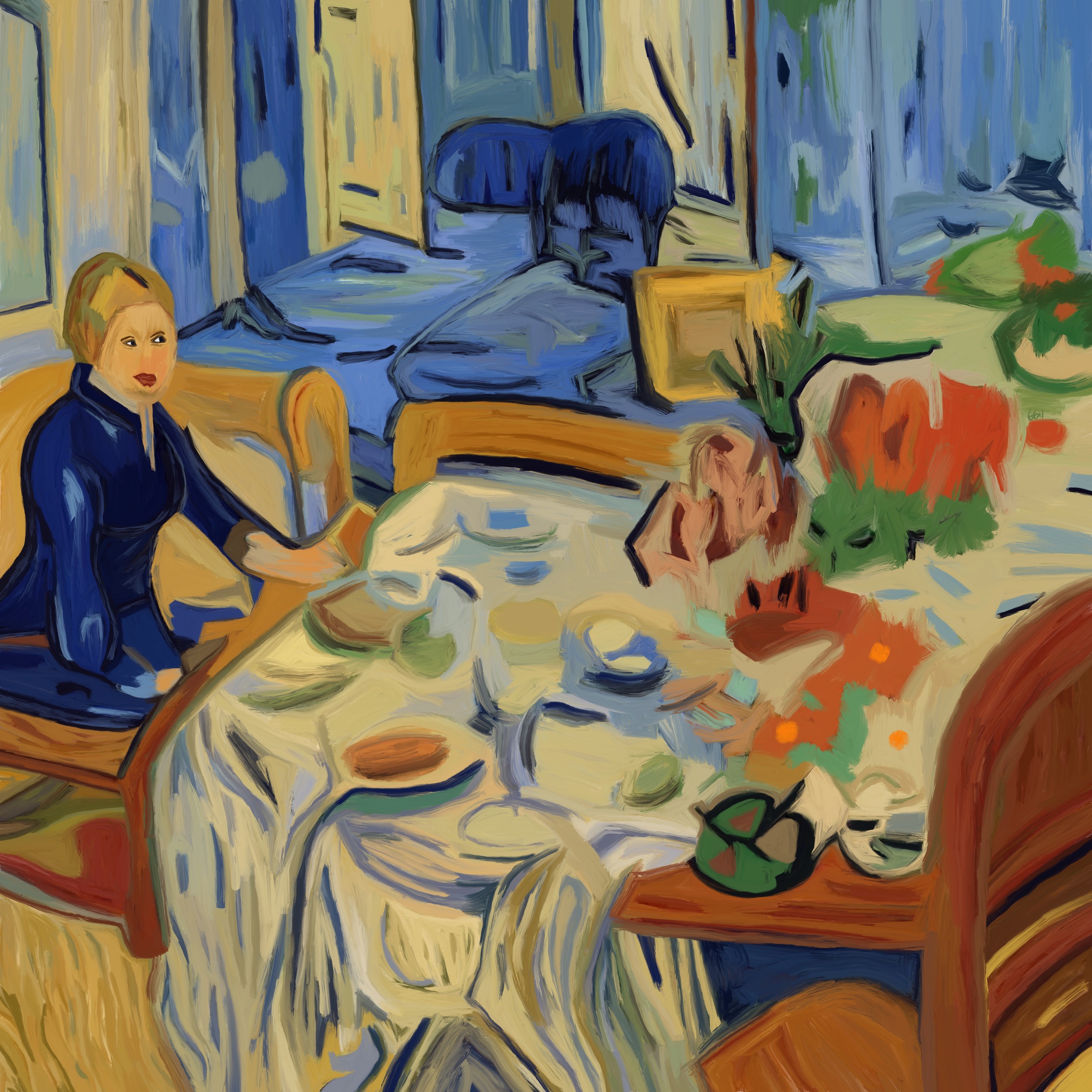 Woman at Colorful Table by GIovanna Gil Alves — canvas wall art