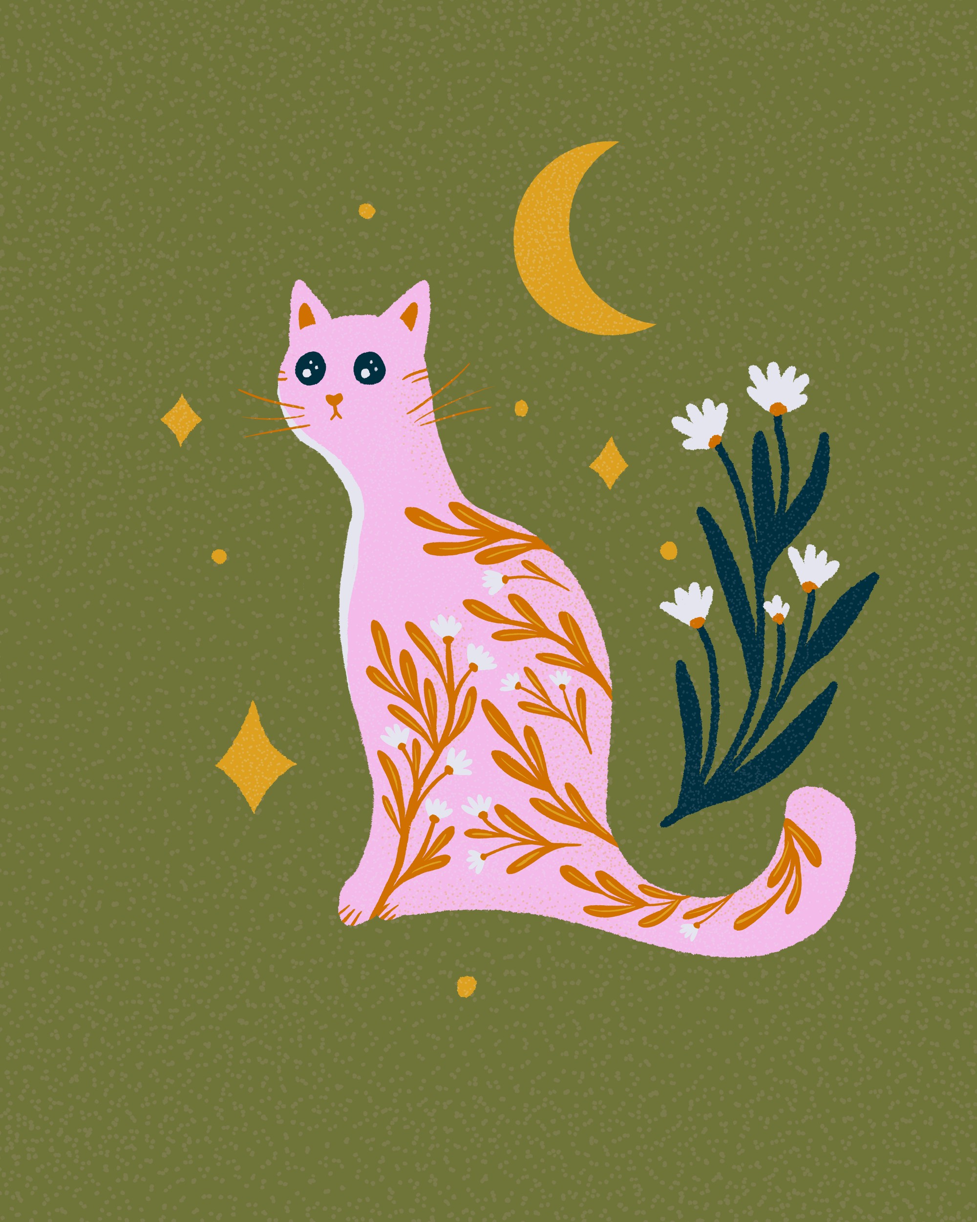 Pink Floral Moon Cat by Angela Minca — canvas wall art