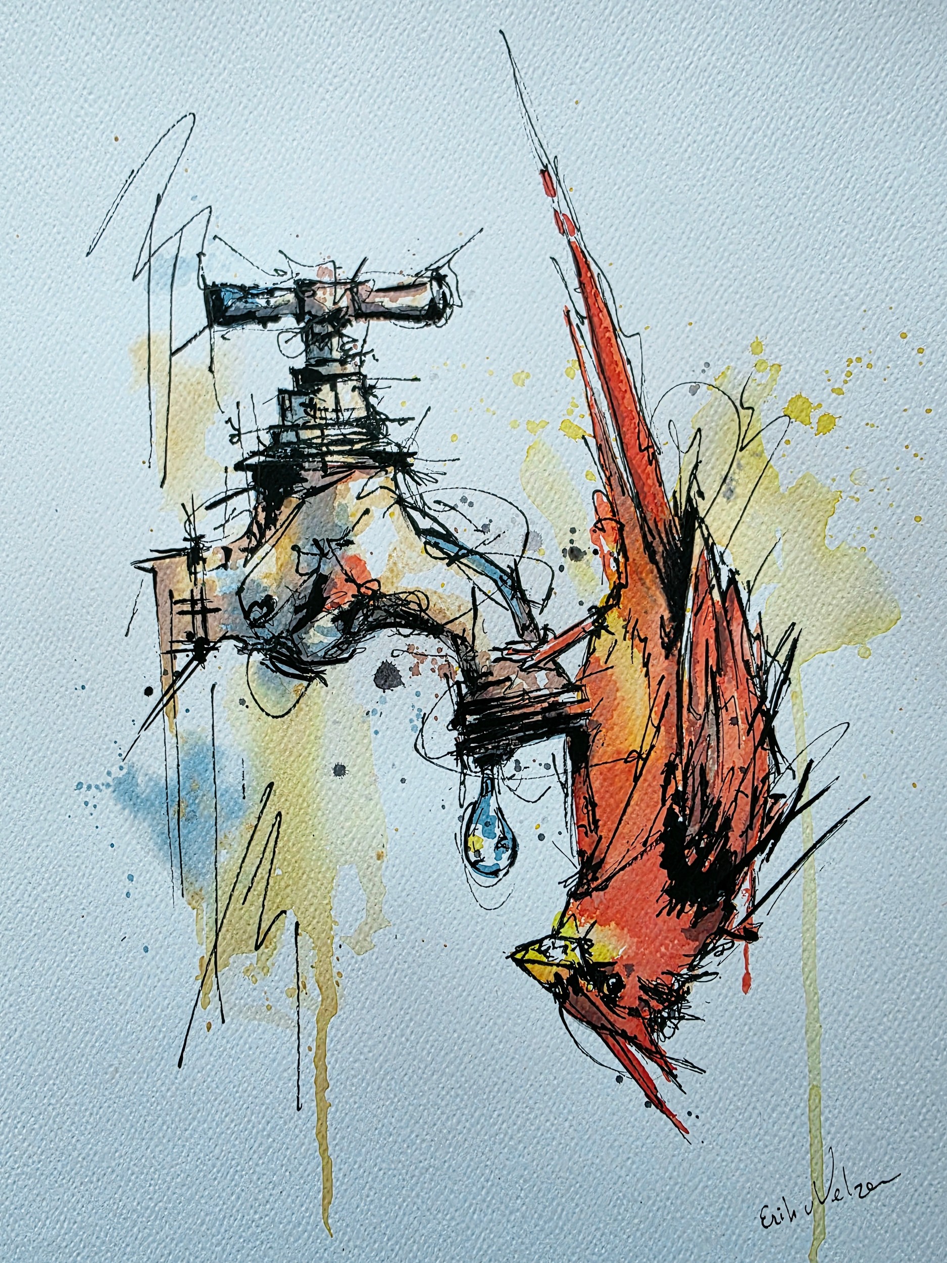 Cardinal and Dripping Faucet by Erik Van Velzen — canvas wall art