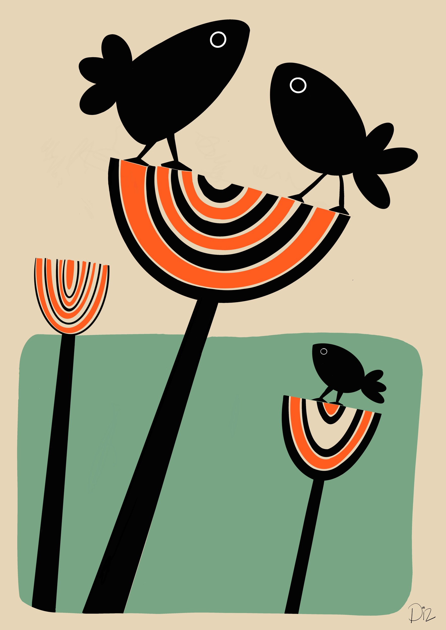 Whimsical Birds on Plants by Michael Disley — canvas wall art