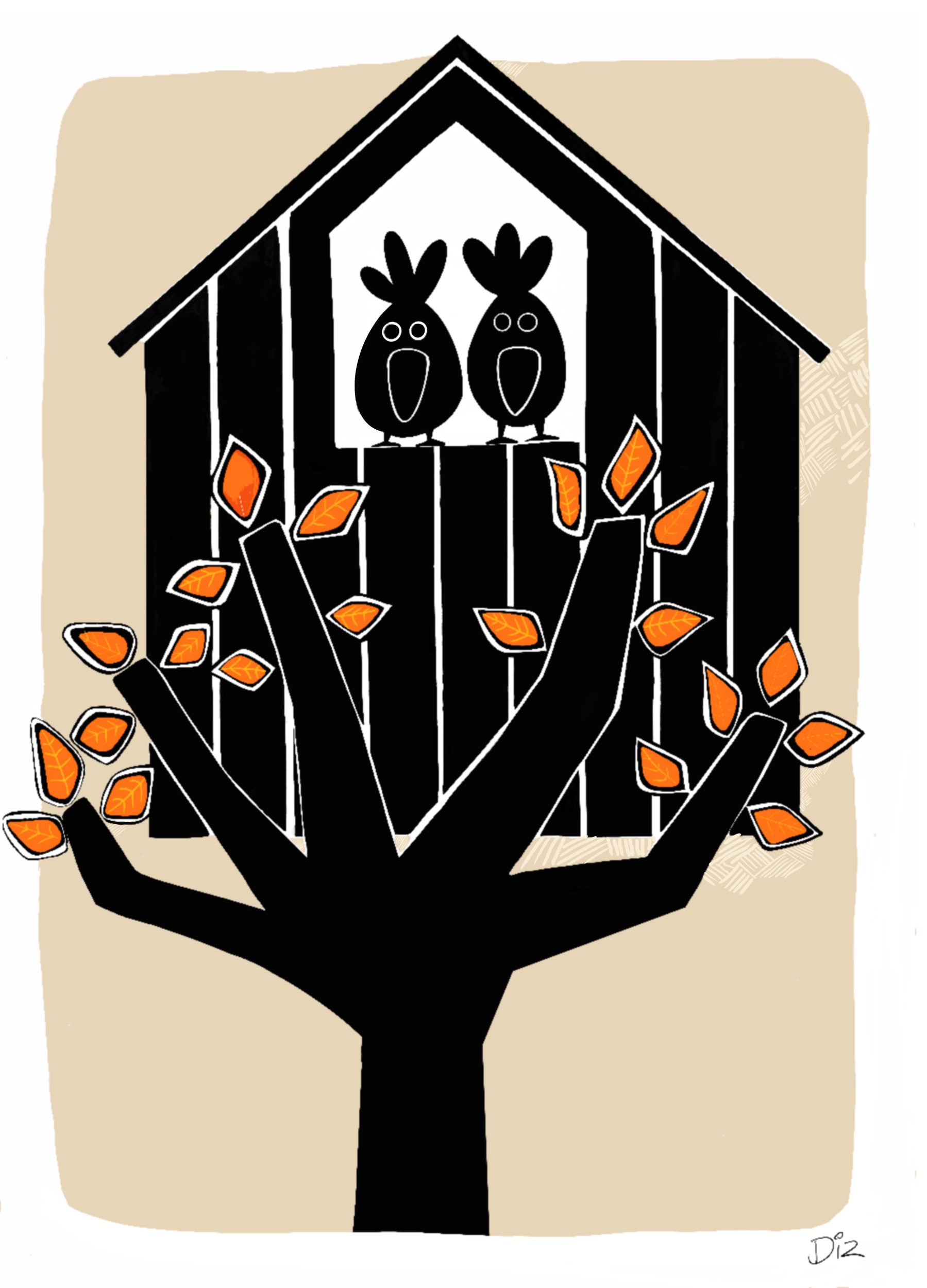 Two Birds in Birdhouse by Michael Disley — canvas wall art