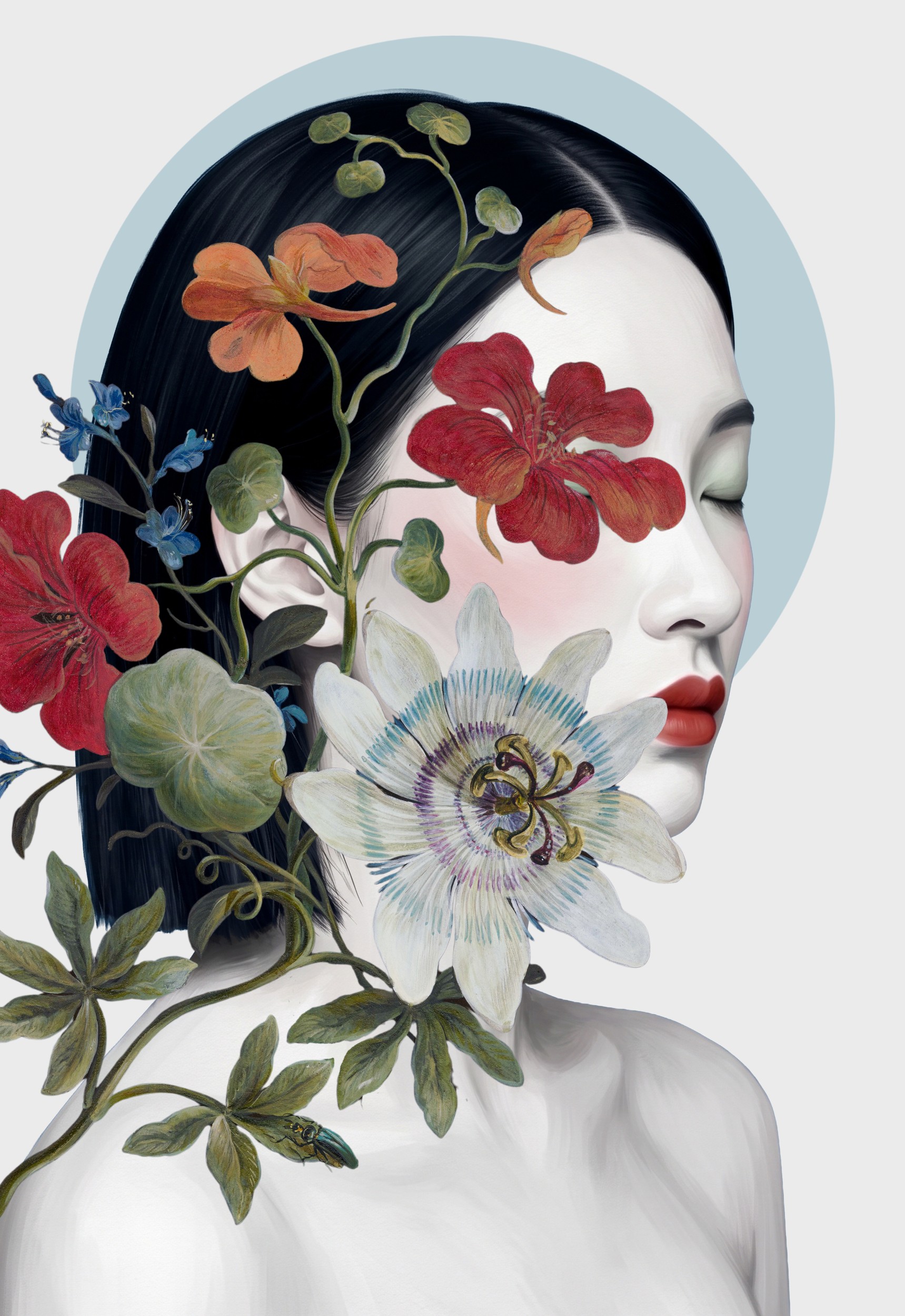 Floral Woman Portrait by Marja van den Hurk — canvas wall art