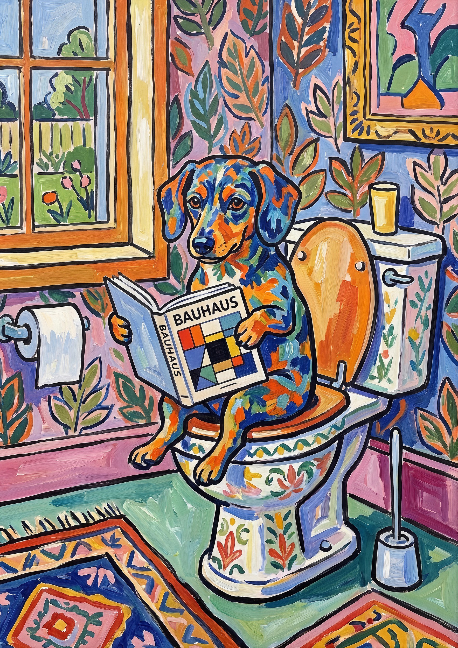 Dachshund Reading Bauhaus by Niky Rahner — canvas wall art
