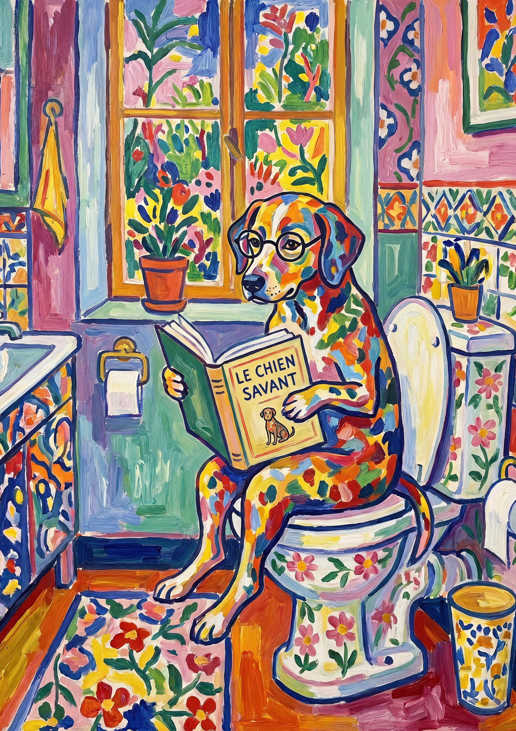 Dog Reading on Toilet by Niky Rahner — canvas wall art
