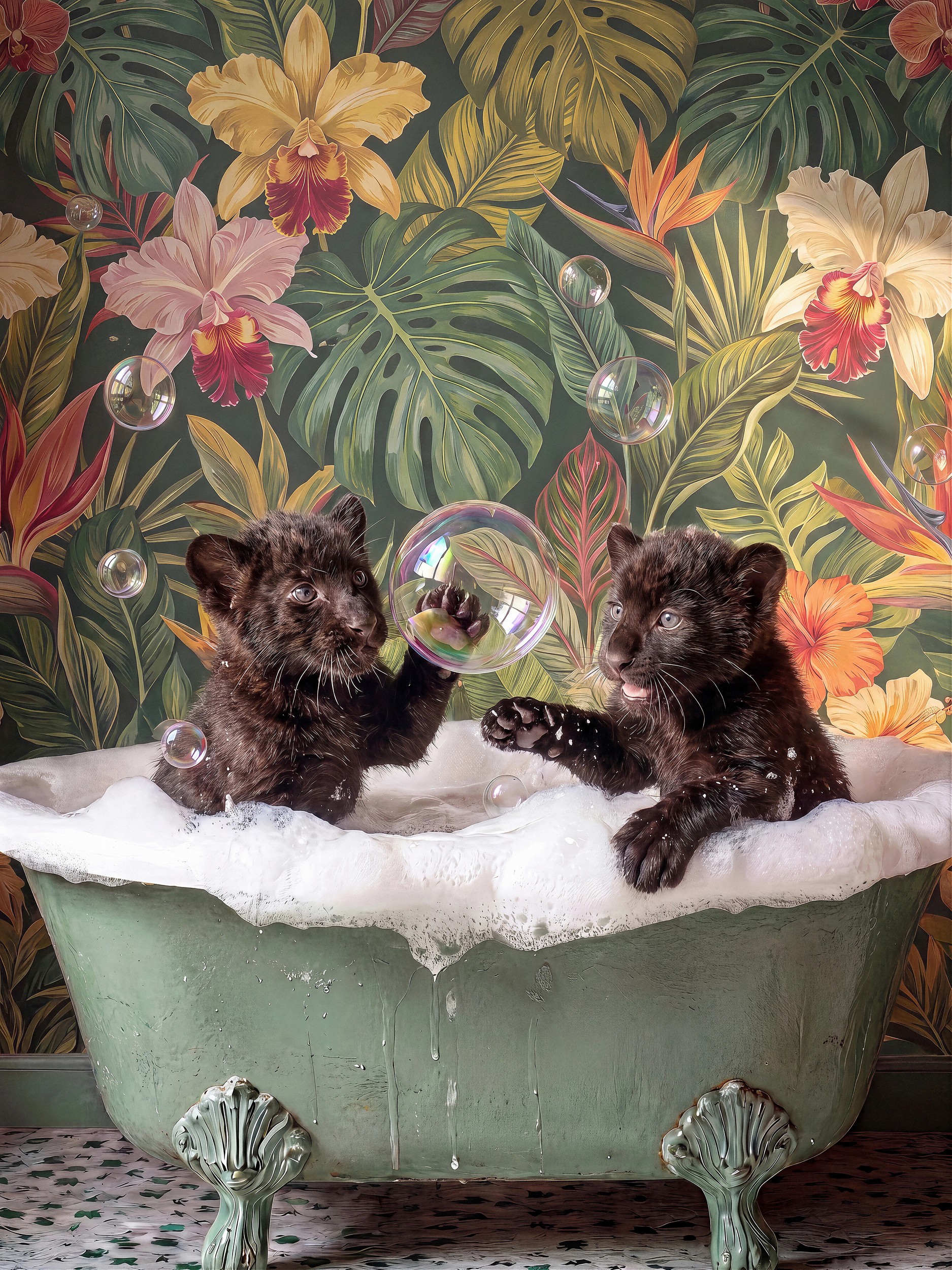 Panther Cubs Bubble Bath by Niky Rahner — canvas wall art