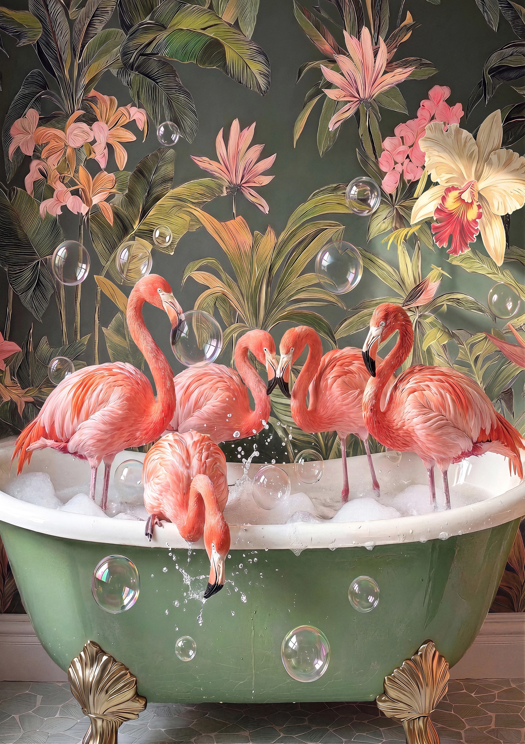 Tropical Flamingo Bubble Bath by Niky Rahner — canvas wall art