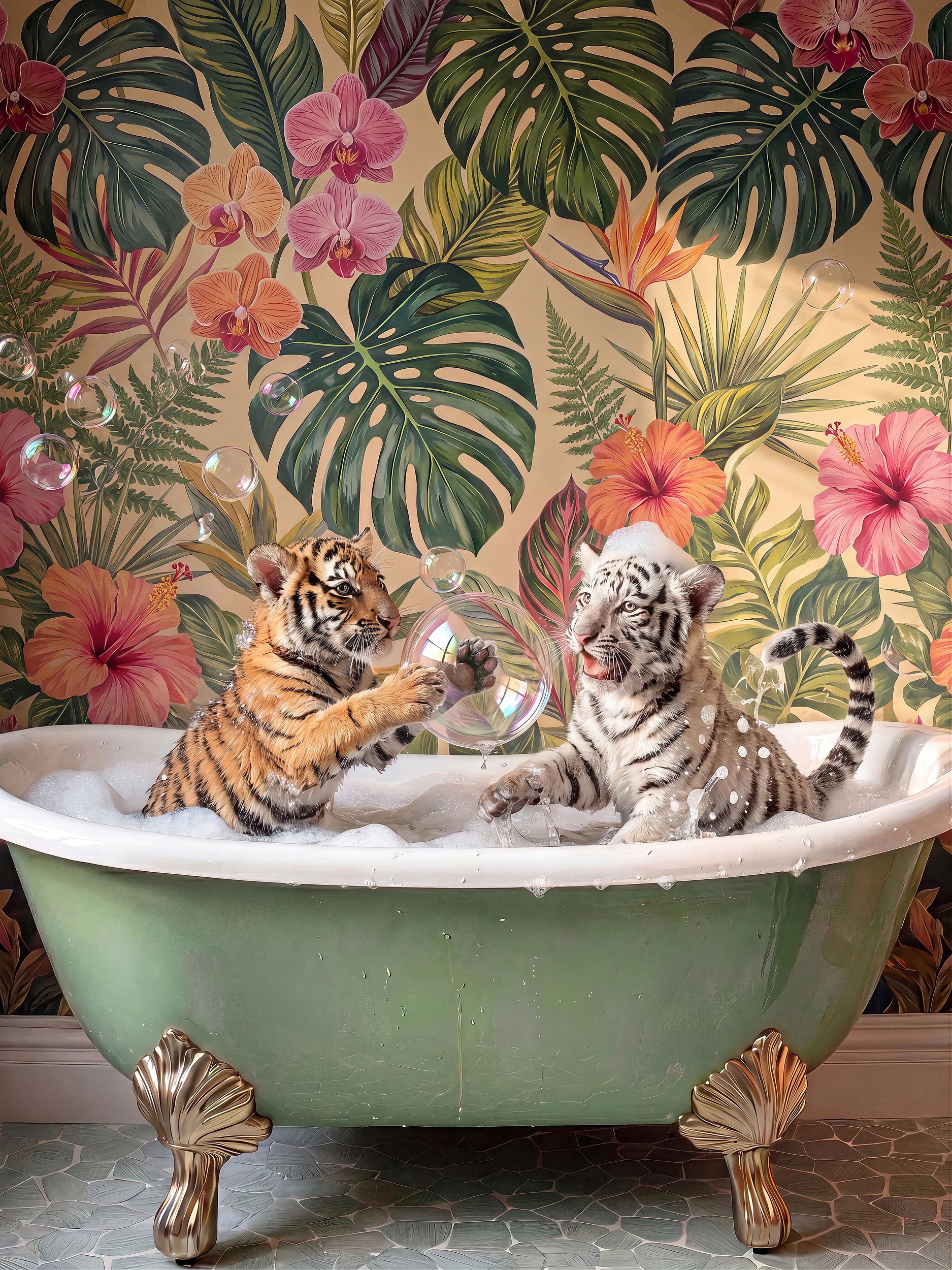 Baby Tigers Bubble Bath by Niky Rahner — canvas wall art