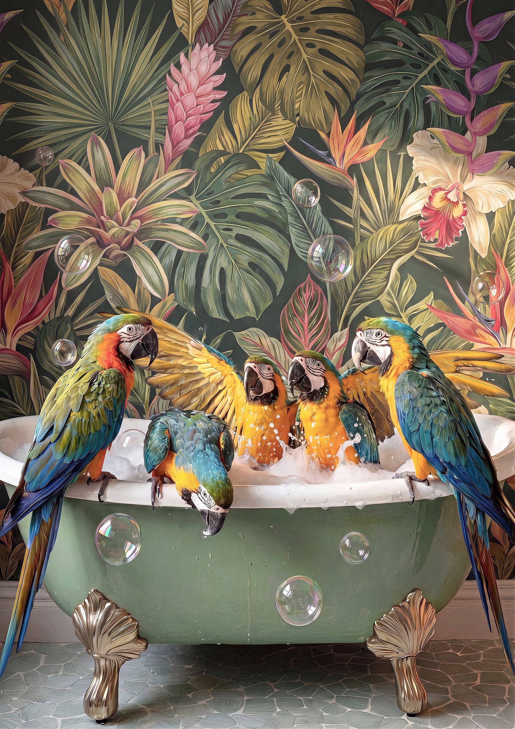 Parrots Bubble Bath by Niky Rahner — canvas wall art