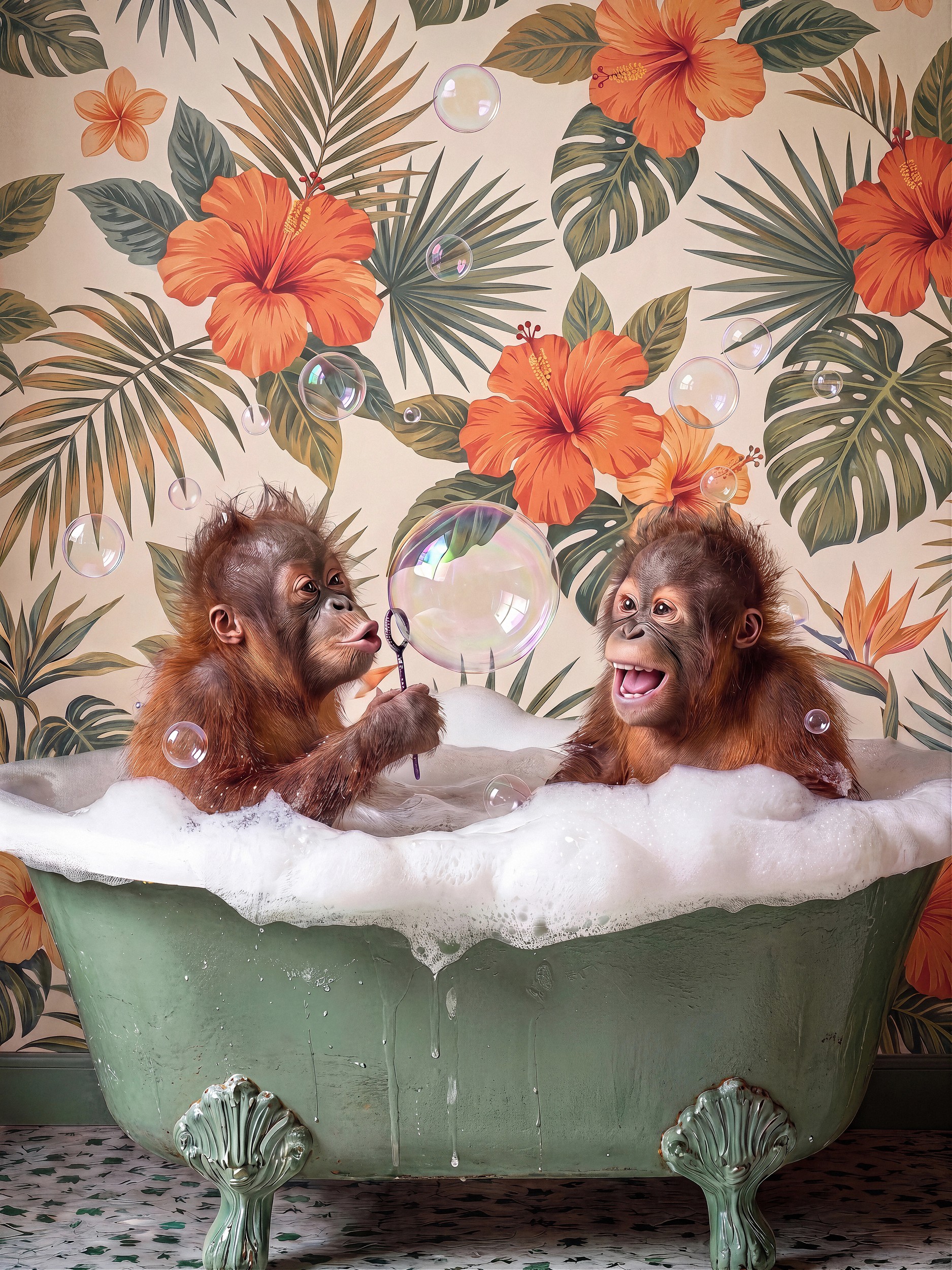 Baby Orangutans Bubble Bath by Niky Rahner — canvas wall art