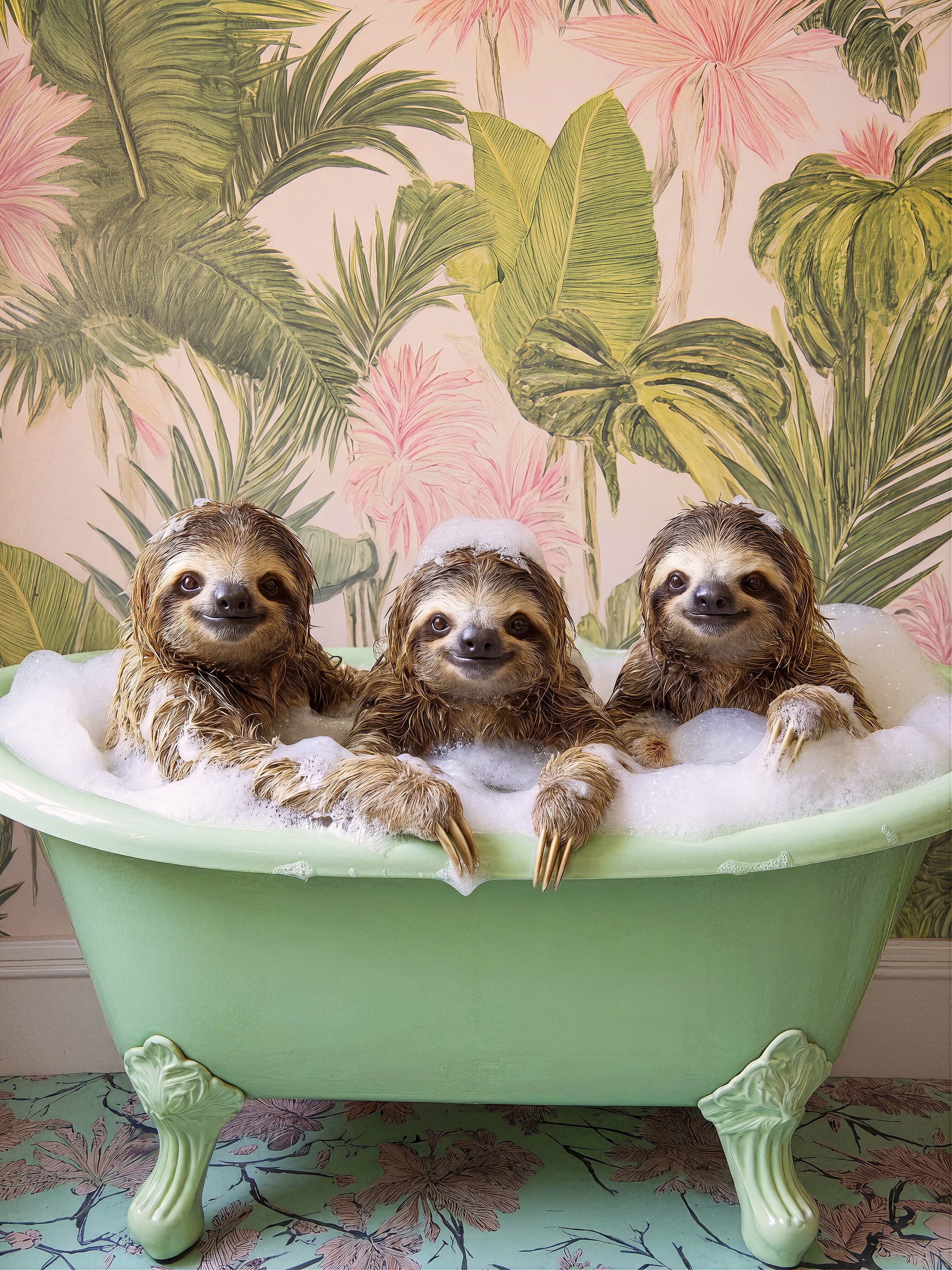 Happy Sloths Bubble Bath by Niky Rahner — canvas wall art