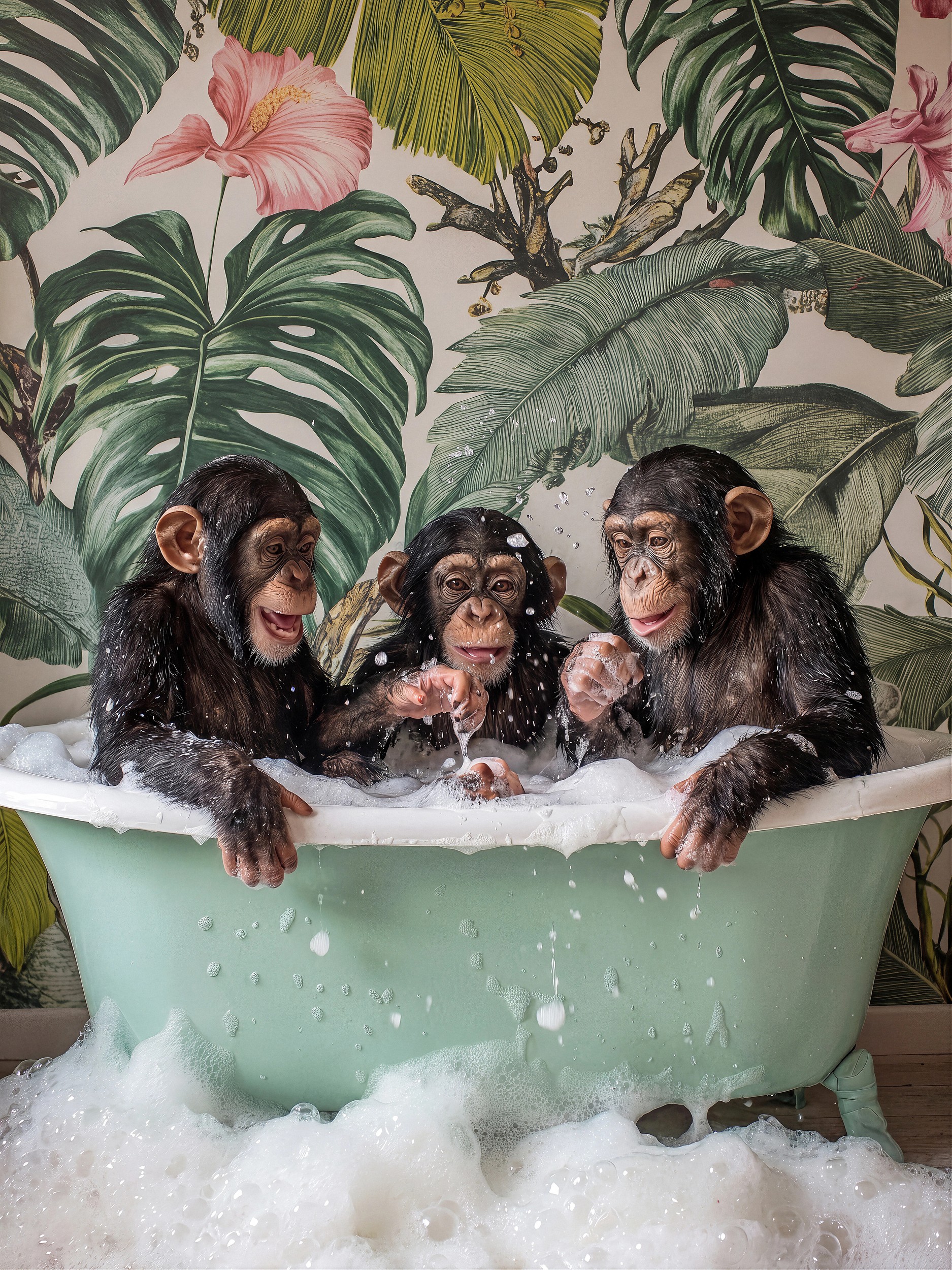 Chimpanzees Bubble Bath by Niky Rahner — canvas wall art