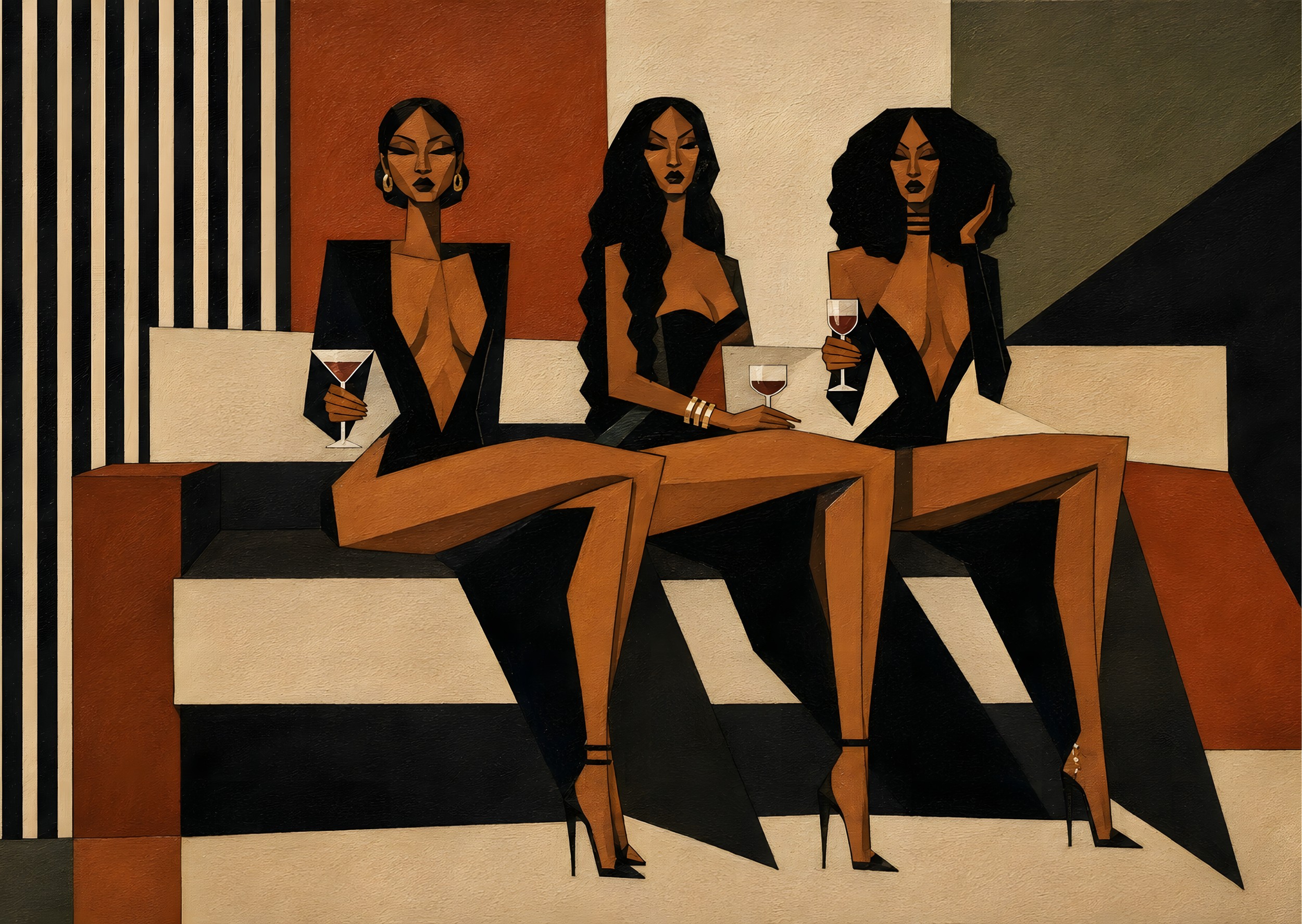 Three Women Seated in a Warm Orange Lounge - Retro Glamour Illustration by Borior — canvas wall art