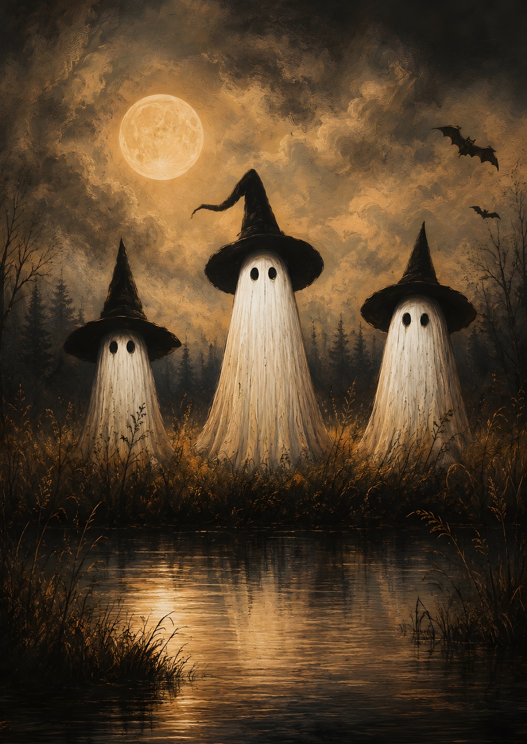 Spooky Witch Hat Ghosts by Borior — canvas wall art