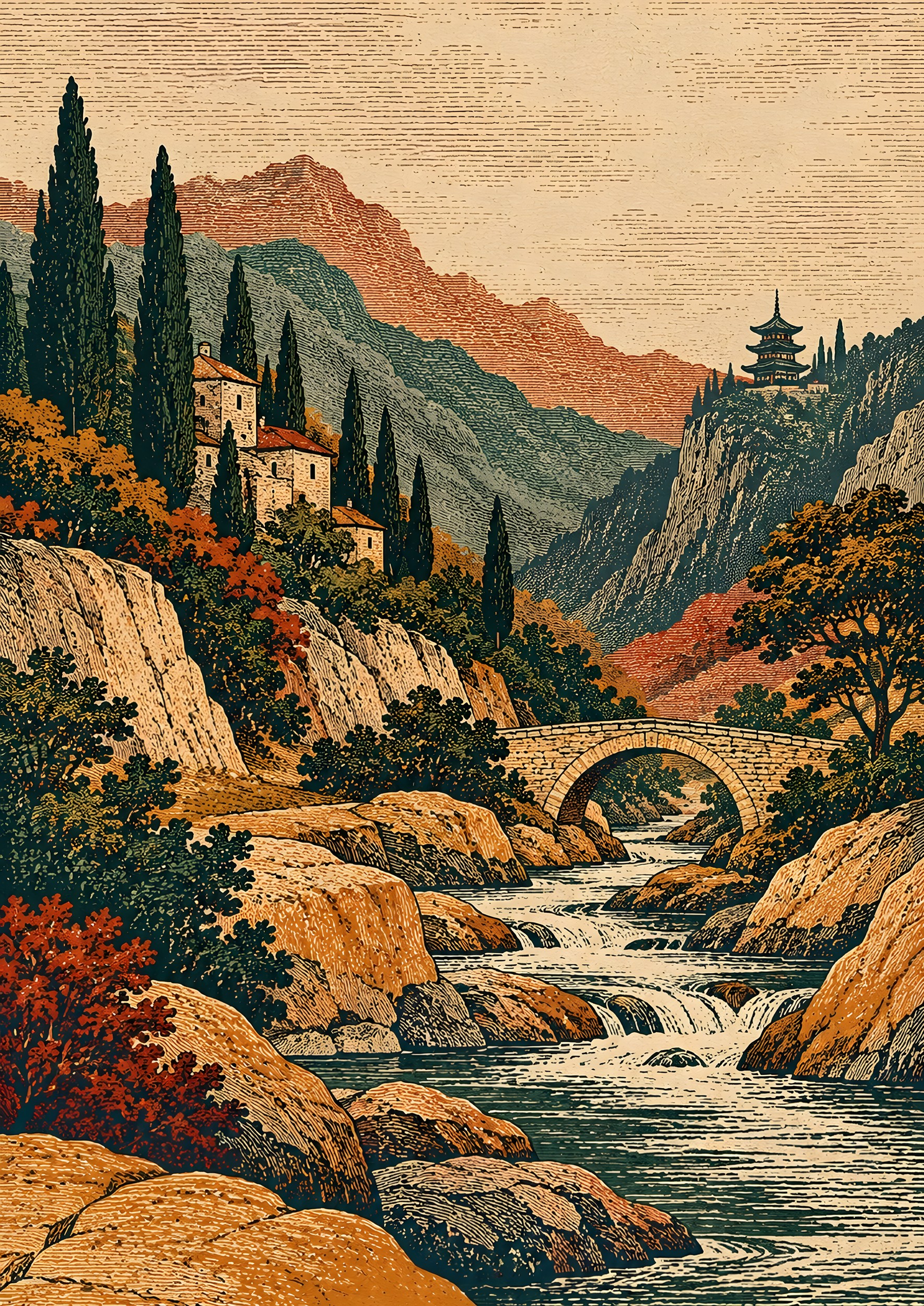 Mountain River Valley Pagoda by Borior — canvas wall art